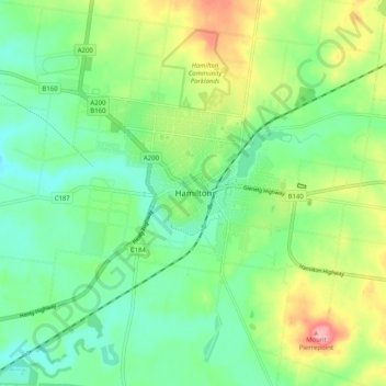 Topografinen kartta Hamilton, korkeus, helpotus