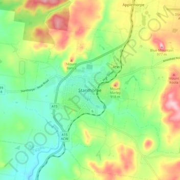 Topografinen kartta Stanthorpe, korkeus, helpotus