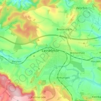 Topografinen kartta Leinefelde, korkeus, helpotus