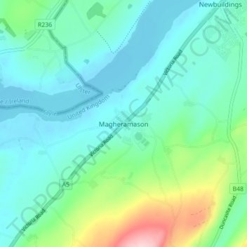 Topografinen kartta Magheramason, korkeus, helpotus