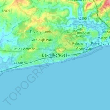 Topografinen kartta Bexhill-on-Sea, korkeus, helpotus