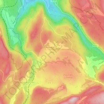Topografinen kartta Cornu, korkeus, helpotus
