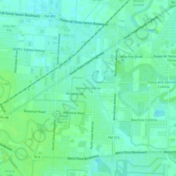 Topografinen kartta Stewart Colonia, korkeus, helpotus