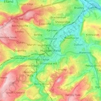 Topografinen kartta Huddersfield, korkeus, helpotus