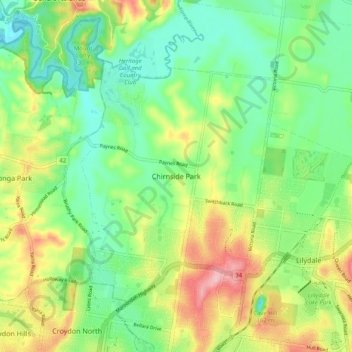 Topografinen kartta Chirnside Park, korkeus, helpotus