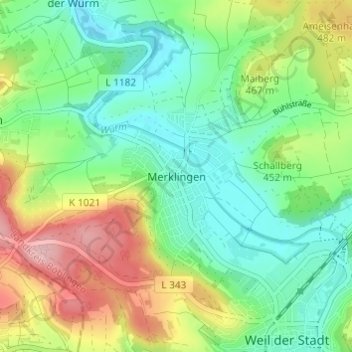 Topografinen kartta Merklingen, korkeus, helpotus