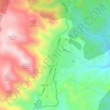 Topografinen kartta Virginia City, korkeus, helpotus