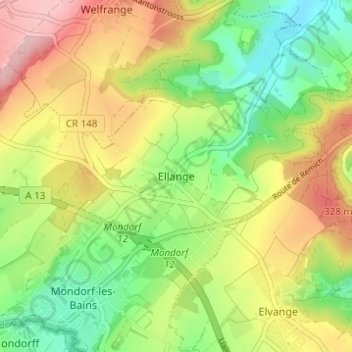 Topografinen kartta Ellange, korkeus, helpotus