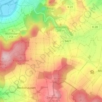 Topografinen kartta Hesserode, korkeus, helpotus