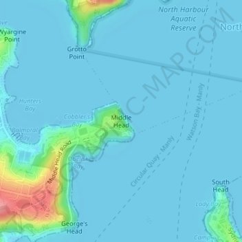 Topografinen kartta Middle Head, korkeus, helpotus