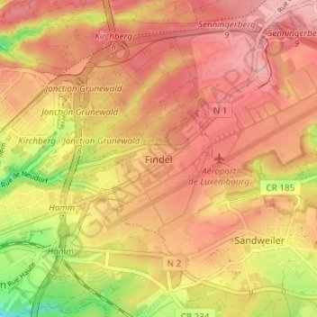 Topografinen kartta Findel, korkeus, helpotus