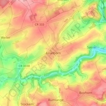 Topografinen kartta Asselborn, korkeus, helpotus