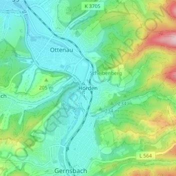 Topografinen kartta Hörden, korkeus, helpotus