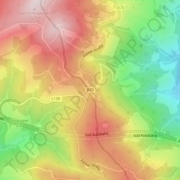 Topografinen kartta Packsattel, korkeus, helpotus
