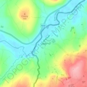 Topografinen kartta Clady, korkeus, helpotus
