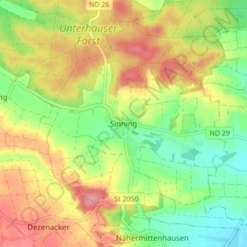 Topografinen kartta Sinning, korkeus, helpotus