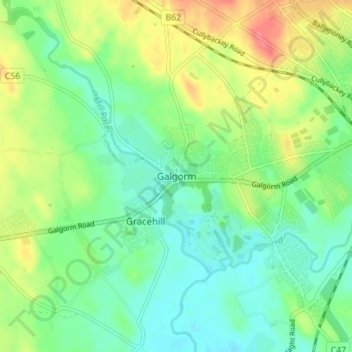 Topografinen kartta Galgorm, korkeus, helpotus