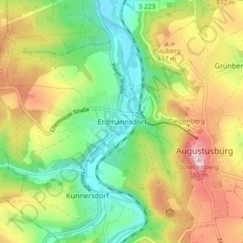 Topografinen kartta Erdmannsdorf, korkeus, helpotus