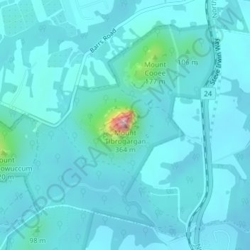 Topografinen kartta Mount Tibrogargan, korkeus, helpotus