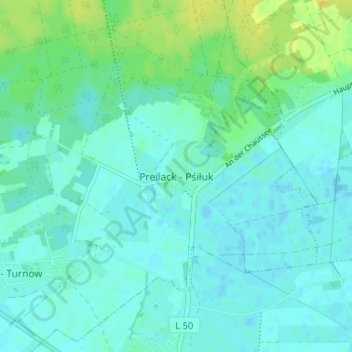 Topografinen kartta Preilack - Pśiłuk, korkeus, helpotus