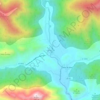 Topografinen kartta Lugueros, korkeus, helpotus