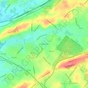 Topografinen kartta Fitzwatertown, korkeus, helpotus