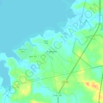 Topografinen kartta Brookeland, korkeus, helpotus