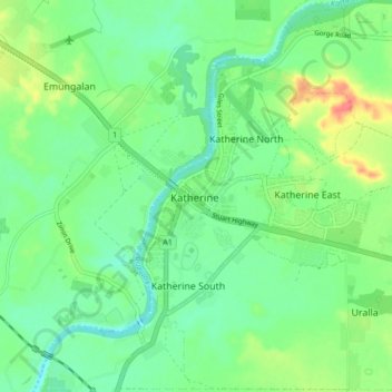 Topografinen kartta Katherine, korkeus, helpotus