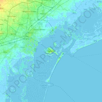 Topografinen kartta Venezia, korkeus, helpotus
