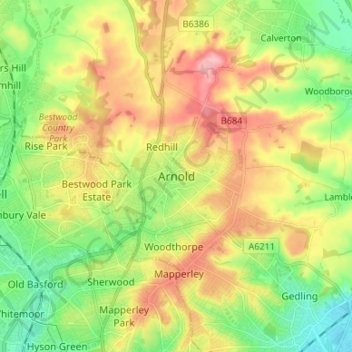 Topografinen kartta Arnold, korkeus, helpotus