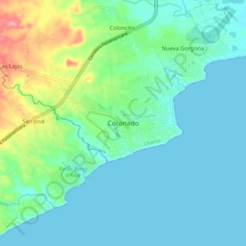 Topografinen kartta Coronado, korkeus, helpotus