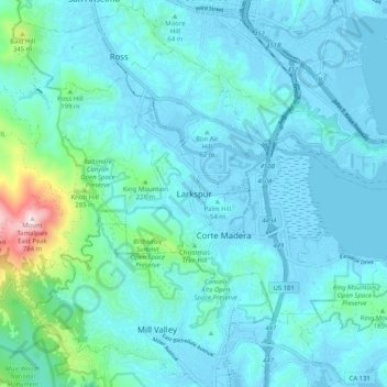 Topografinen kartta Larkspur, korkeus, helpotus