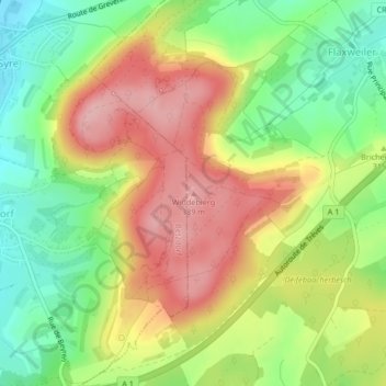 Topografinen kartta Widdebierg, korkeus, helpotus