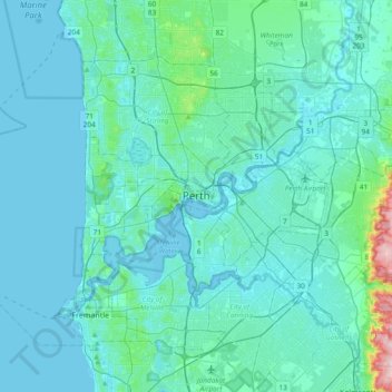Topografinen kartta Perth, korkeus, helpotus