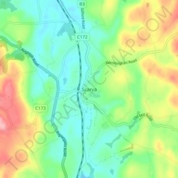 Topografinen kartta Scarva, korkeus, helpotus