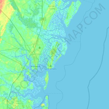 Topografinen kartta Saint Simons Island, korkeus, helpotus