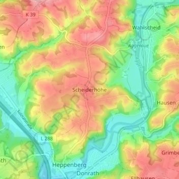 Topografinen kartta Scheiderhöhe, korkeus, helpotus