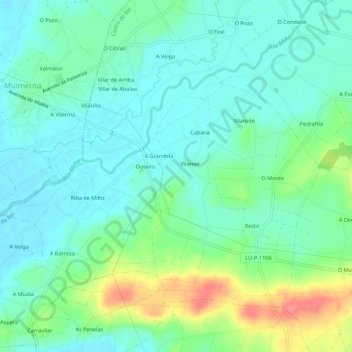 Topografinen kartta Outeiro, korkeus, helpotus