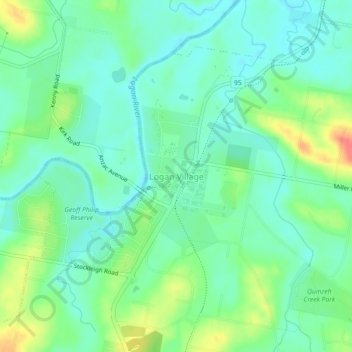 Topografinen kartta Logan Village, korkeus, helpotus