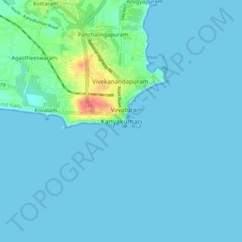 Topografinen kartta Kanyakumari, korkeus, helpotus