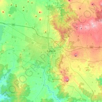 Topografinen kartta Ballarat, korkeus, helpotus