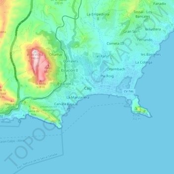 Topografinen kartta Calp, korkeus, helpotus
