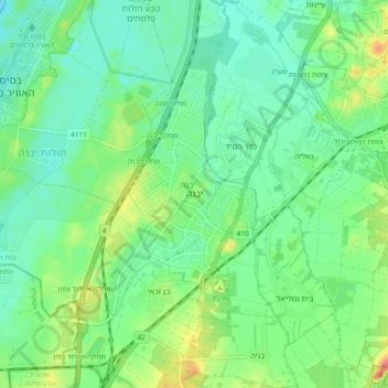 Topografinen kartta Yavne, korkeus, helpotus