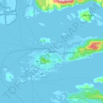 Topografinen kartta Florø, korkeus, helpotus