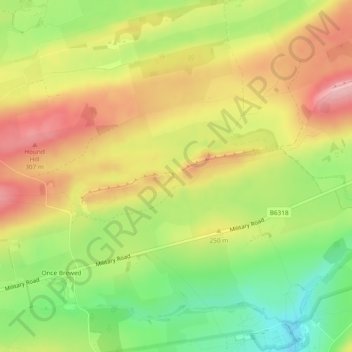 Topografinen kartta Sycamore Gap, korkeus, helpotus
