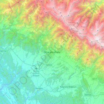 Topografinen kartta Dharamshala, korkeus, helpotus