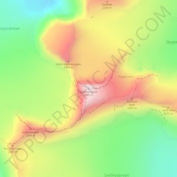 Topografinen kartta Galdhøpiggen, korkeus, helpotus
