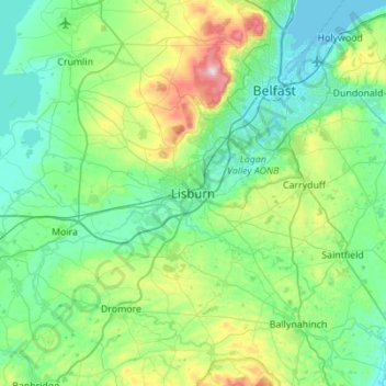 Topografinen kartta Lisburn, korkeus, helpotus