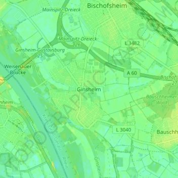 Topografinen kartta Ginsheim, korkeus, helpotus