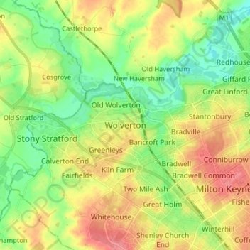 Topografinen kartta Wolverton, korkeus, helpotus